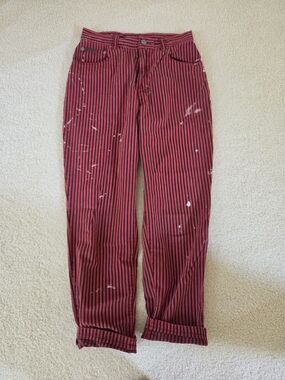 Calvin Klein Jeans Red and Black Striped Cropped Jeans with Paint-Drip Detail